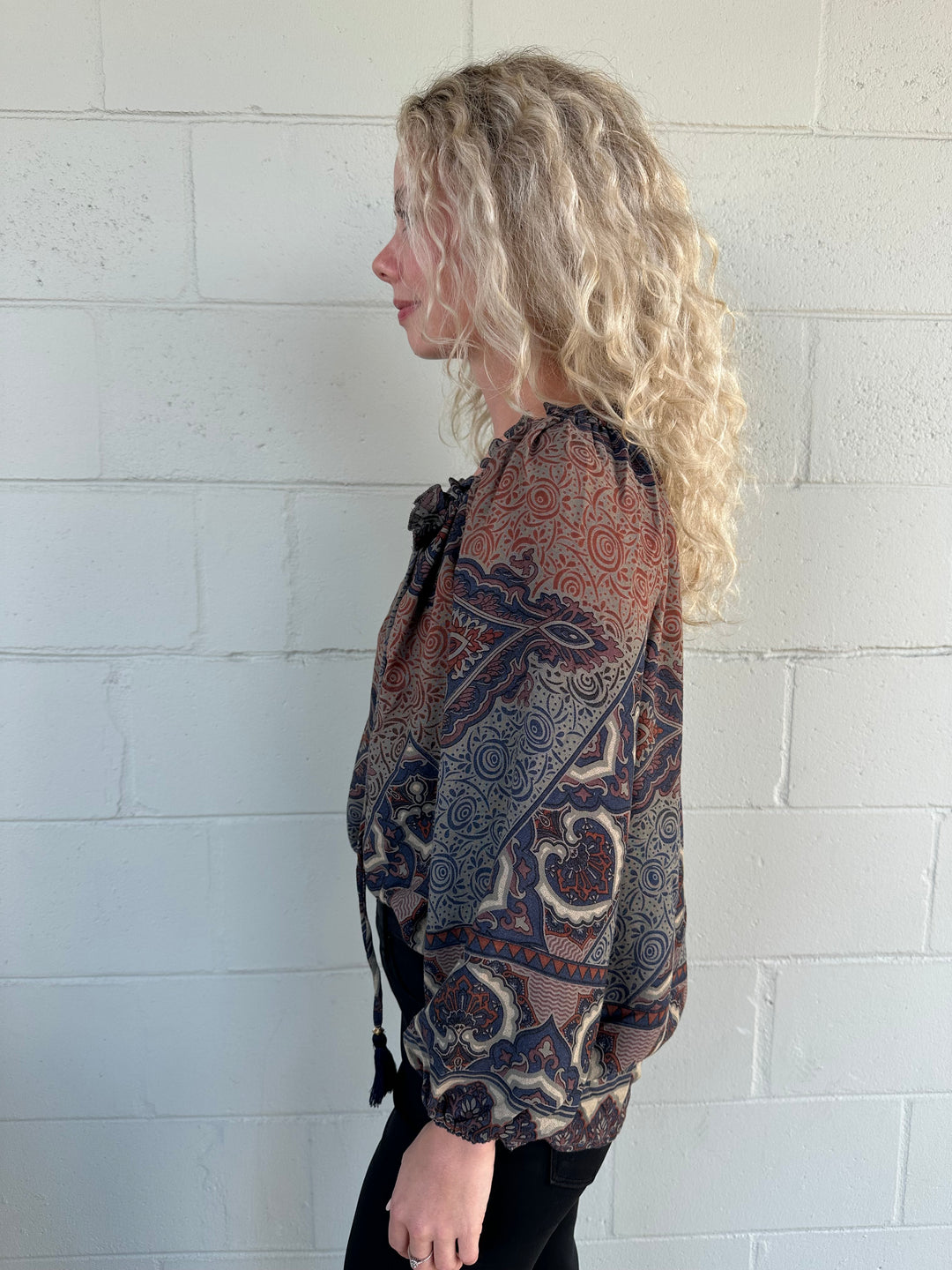 Print Peasant Top - Brown/Navy