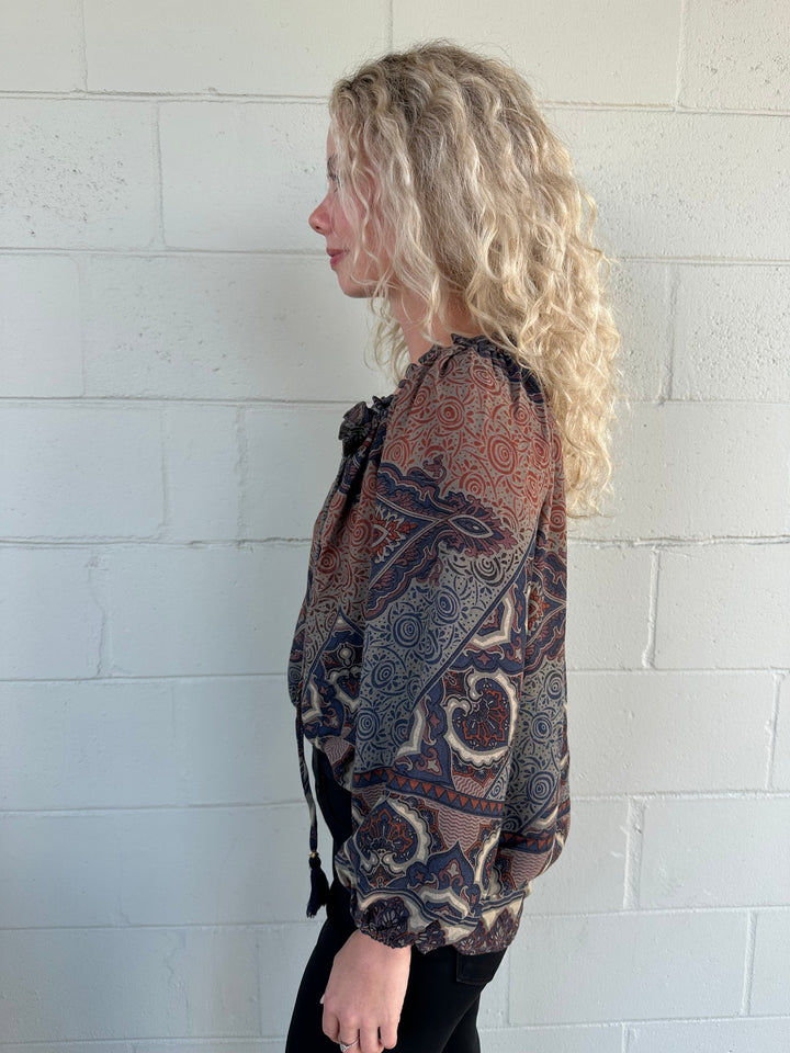 Print Peasant Top - Brown/Navy