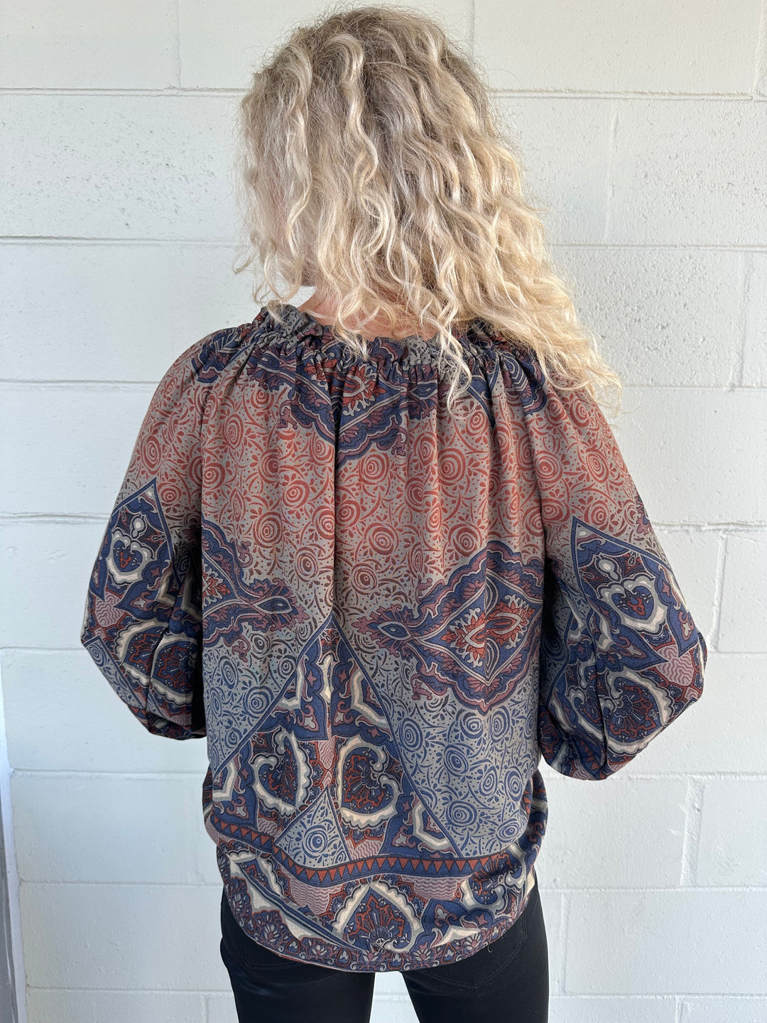Print Peasant Top - Brown/Navy