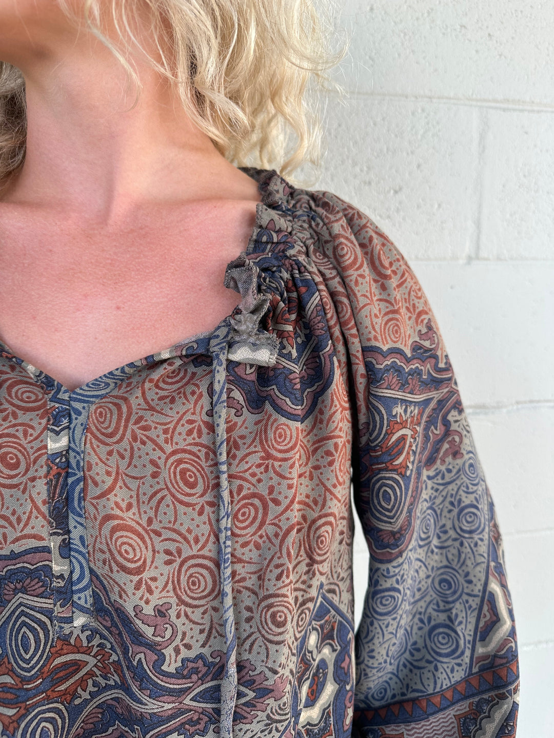Print Peasant Top - Brown/Navy