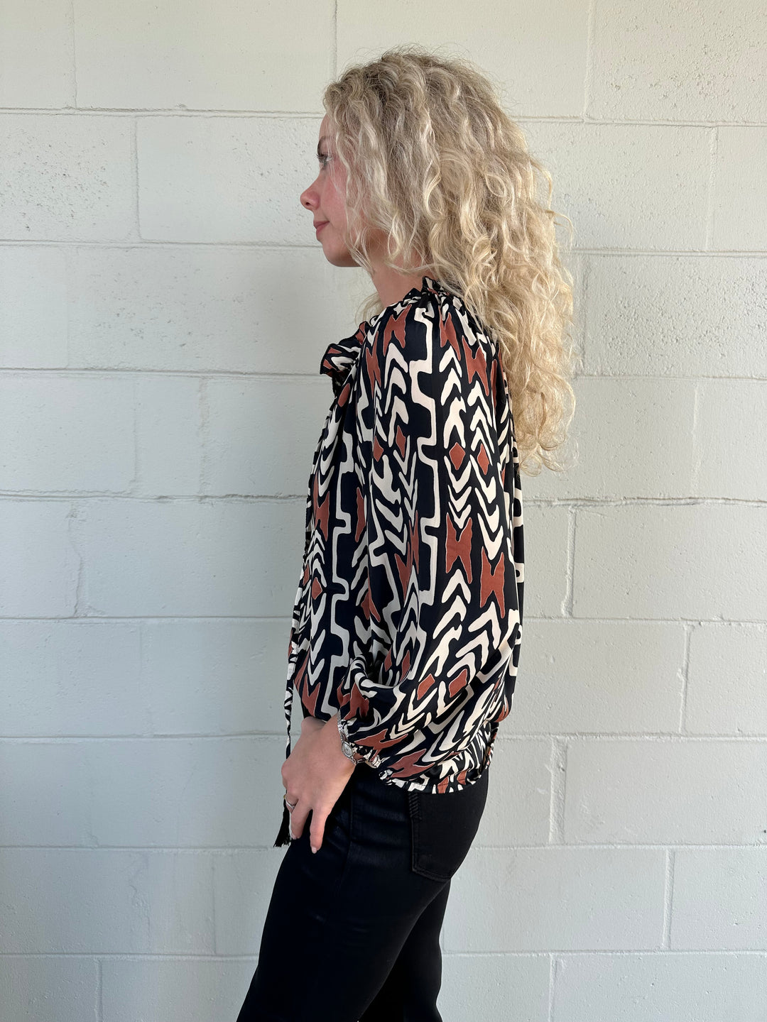 Print Peasant Top - Brown/Black/Cream