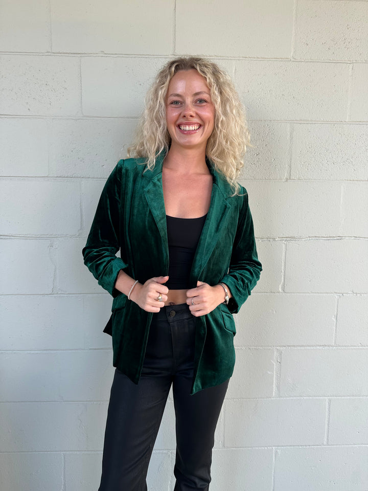 Velvet Scrunch Sleeve Blazer - Hunter Green