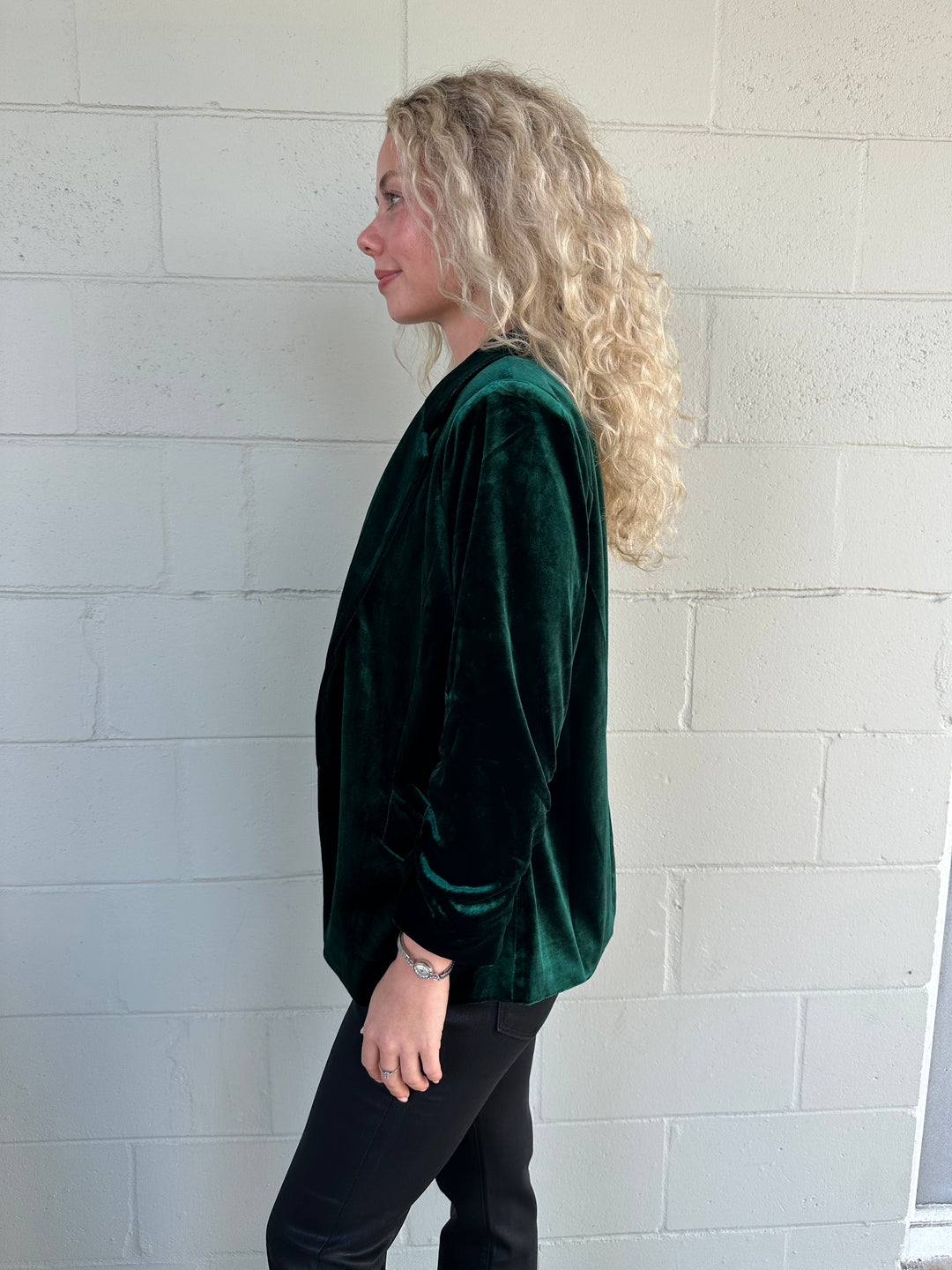 Velvet Scrunch Sleeve Blazer - Hunter Green