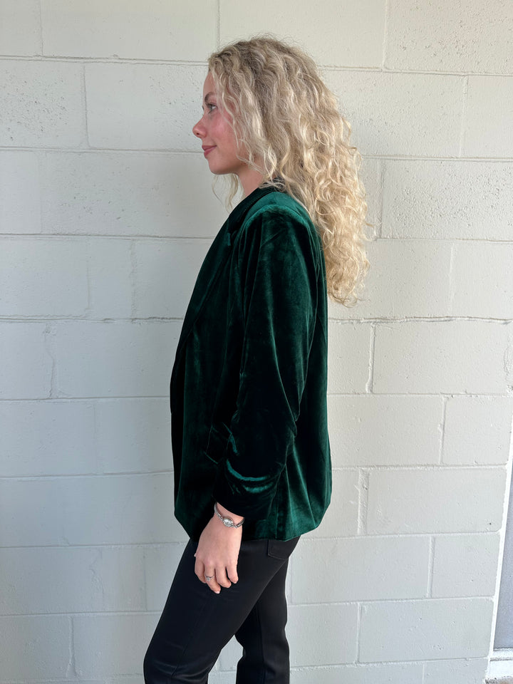 Velvet Scrunch Sleeve Blazer - Hunter Green