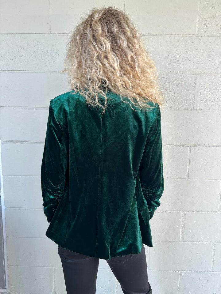 Velvet Scrunch Sleeve Blazer - Hunter Green