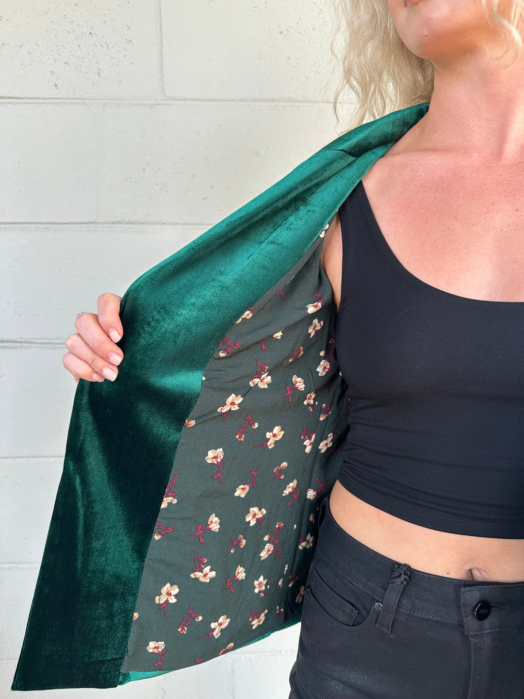 Velvet Scrunch Sleeve Blazer - Hunter Green