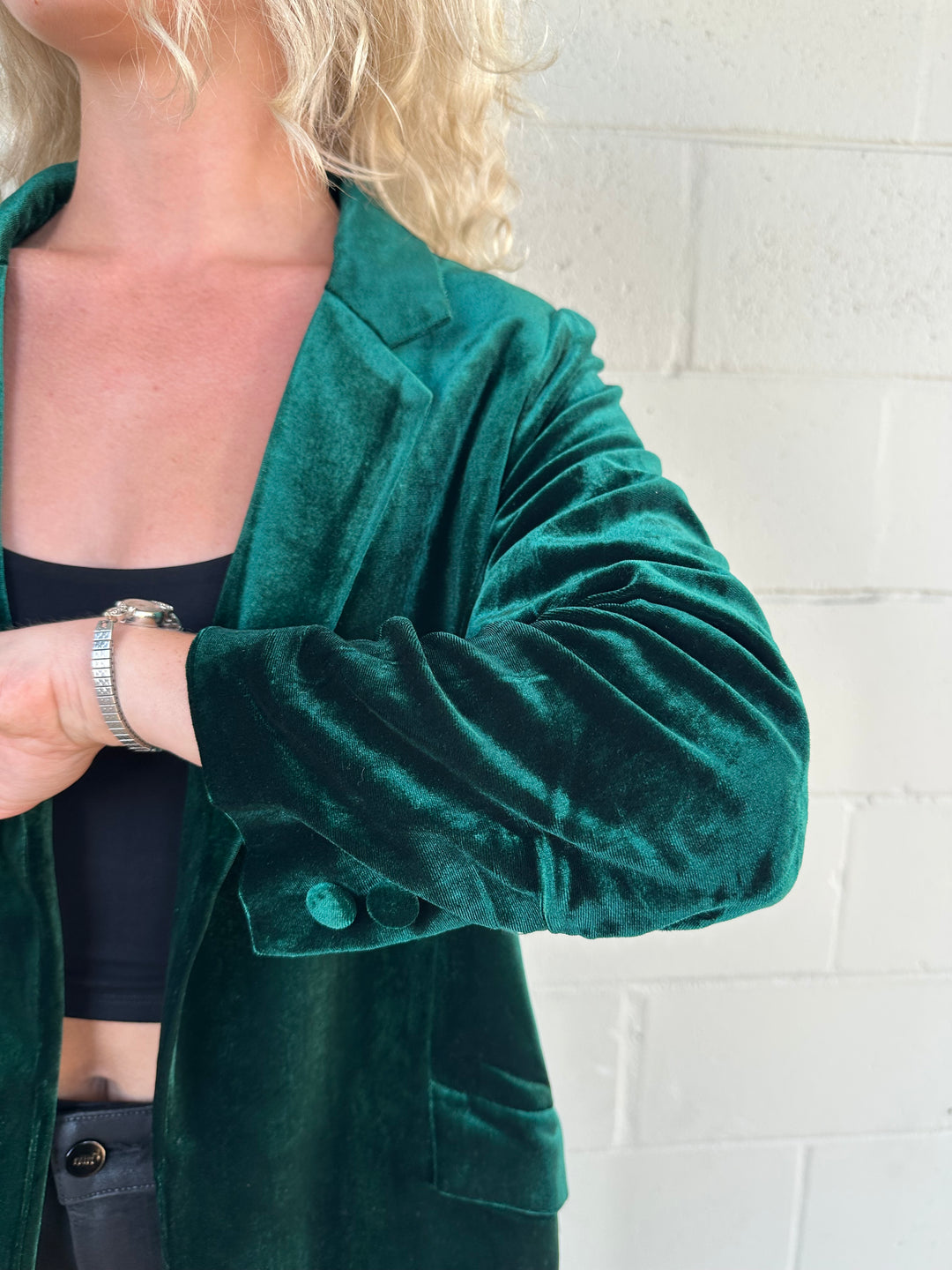 Velvet Scrunch Sleeve Blazer - Hunter Green
