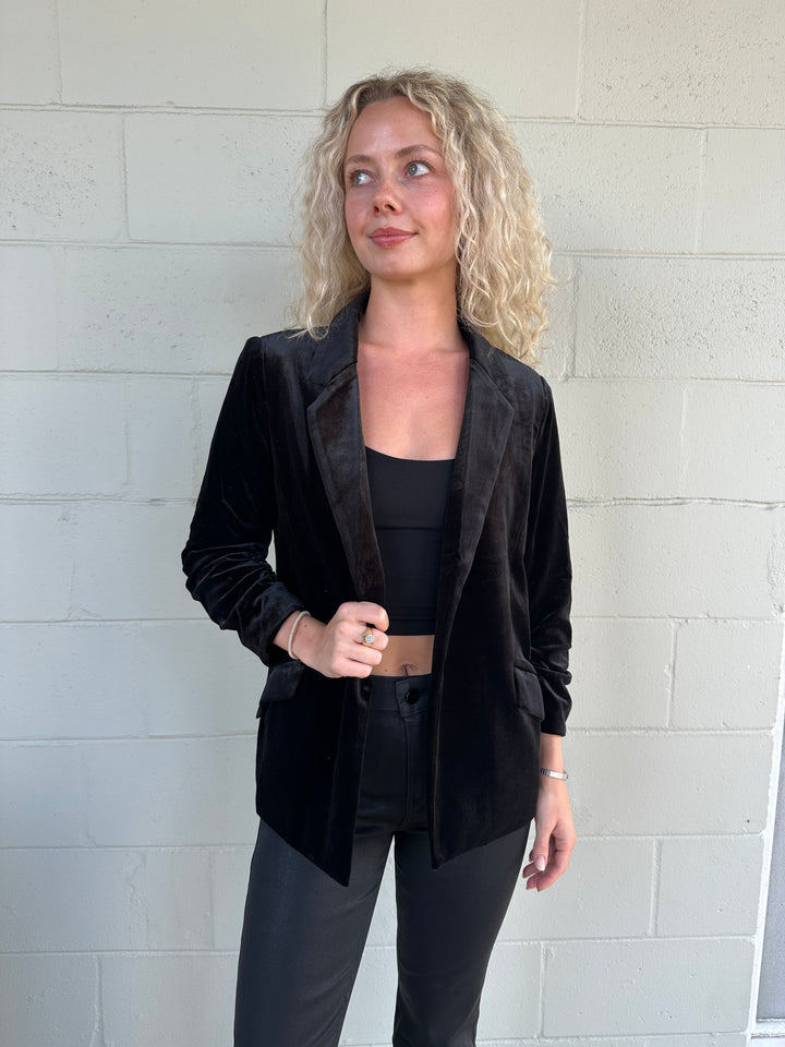Velvet Scrunch Sleeve Blazer - Black