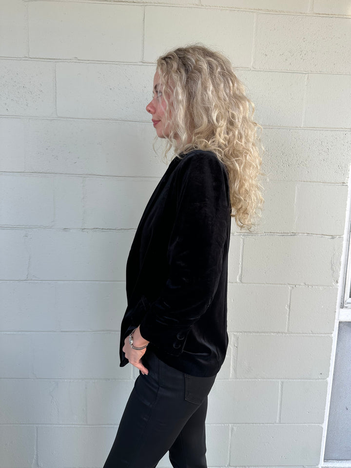 Velvet Scrunch Sleeve Blazer - Black