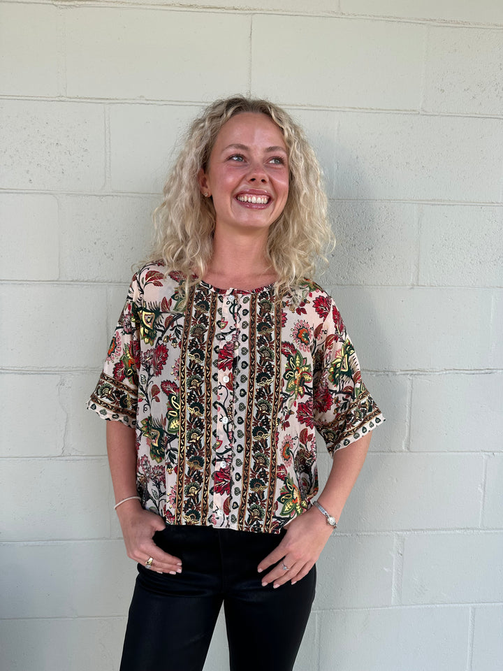 Gold Foil Button Down Top - Cream Floral