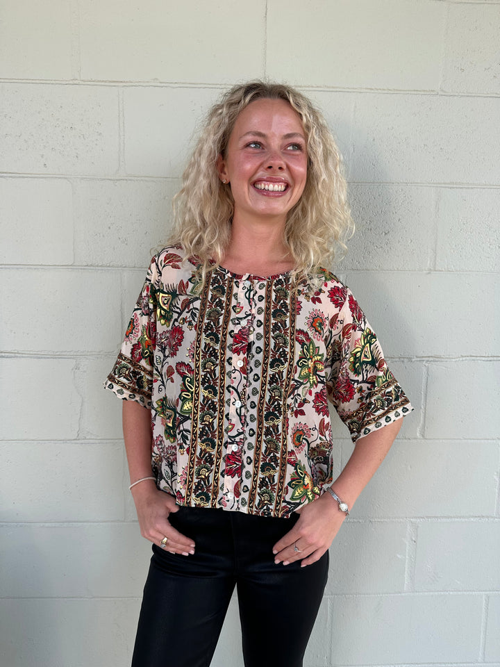 Gold Foil Button Down Top - Cream Floral