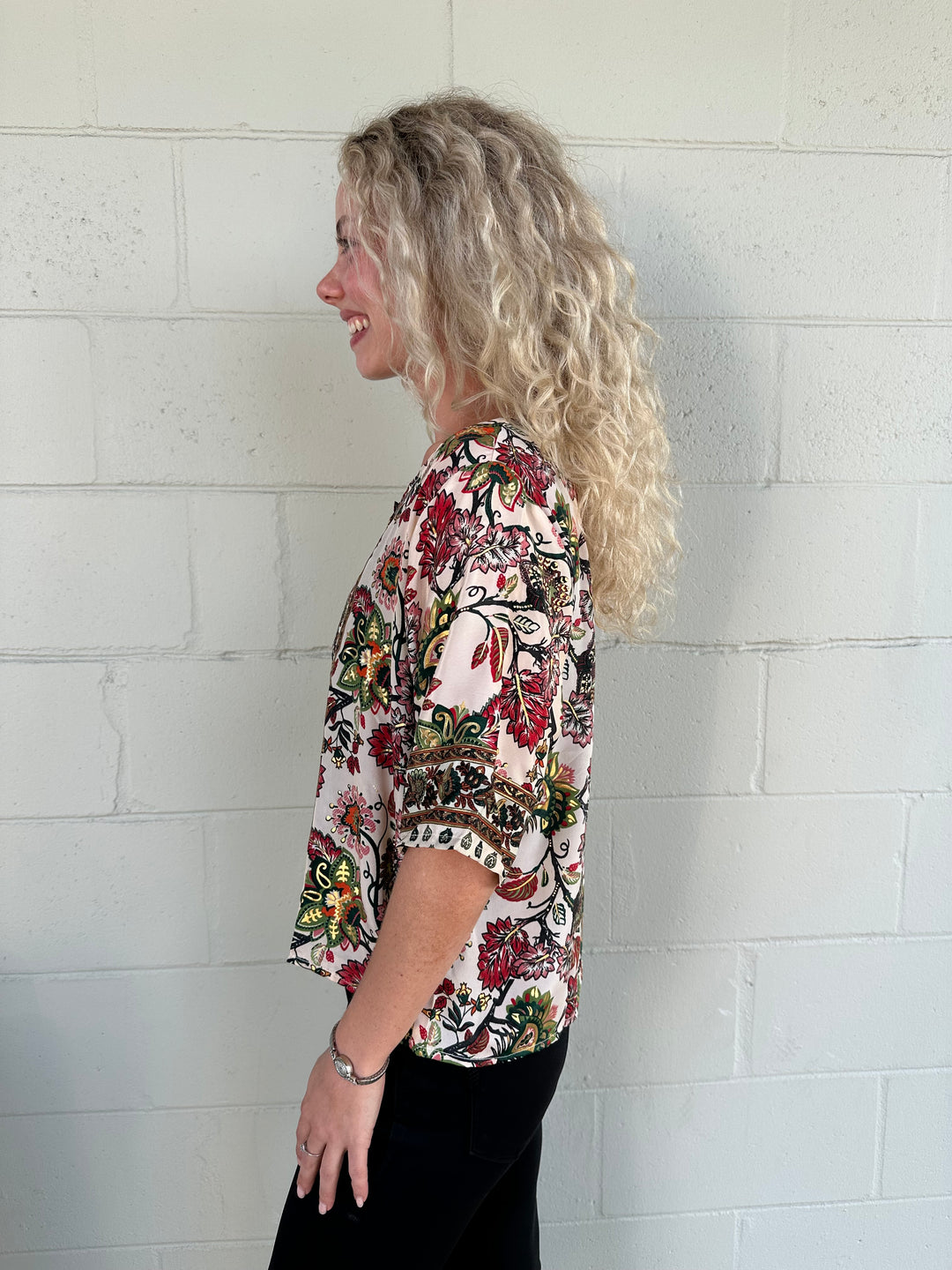 Gold Foil Button Down Top - Cream Floral