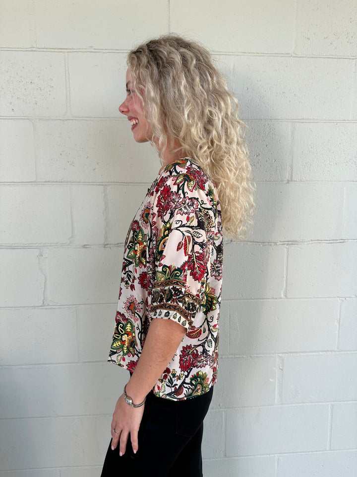 Gold Foil Button Down Top - Cream Floral