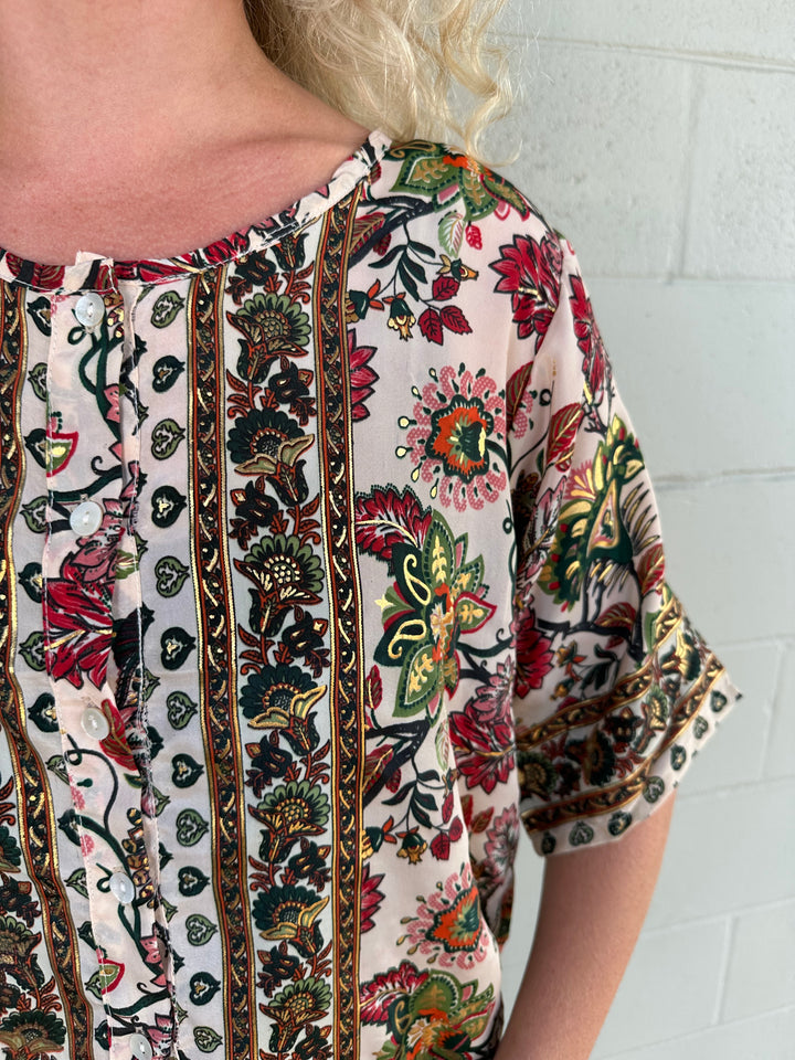 Gold Foil Button Down Top - Cream Floral