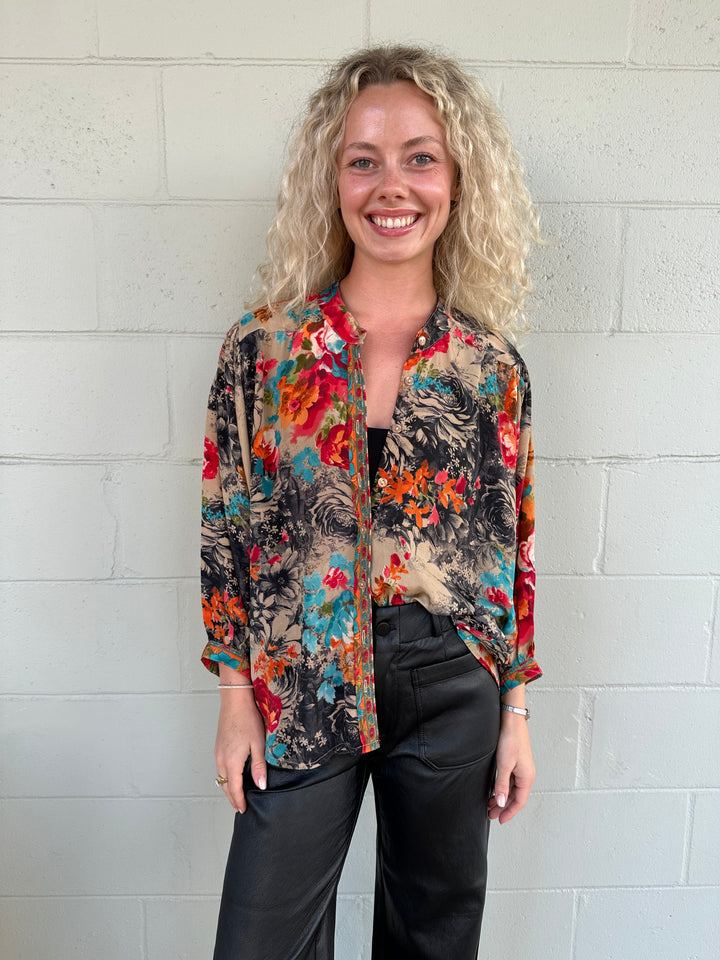Oversized Button Down Top - Bright Floral
