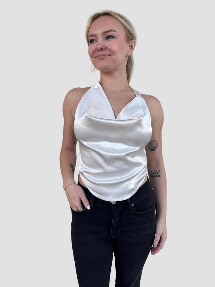 Satin Cowl Halter Top - Ivory