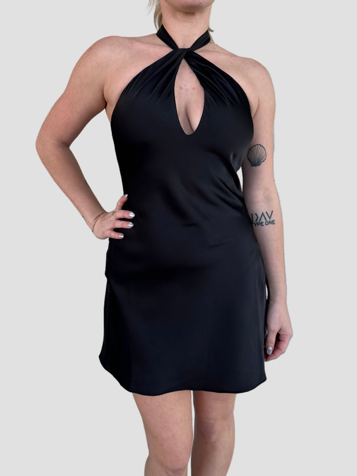 Satin Keyhole Front Mini Dress - Black