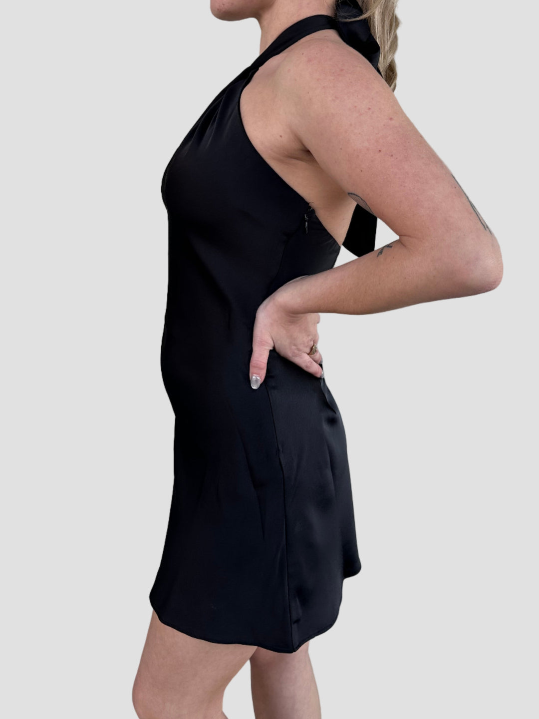 Satin Keyhole Front Mini Dress - Black