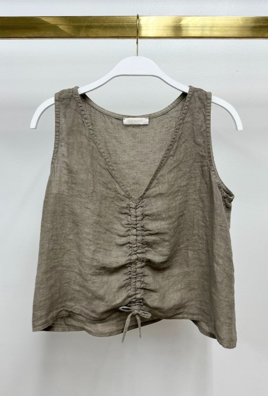 Linen V Neck Ruched Tank - Mocha