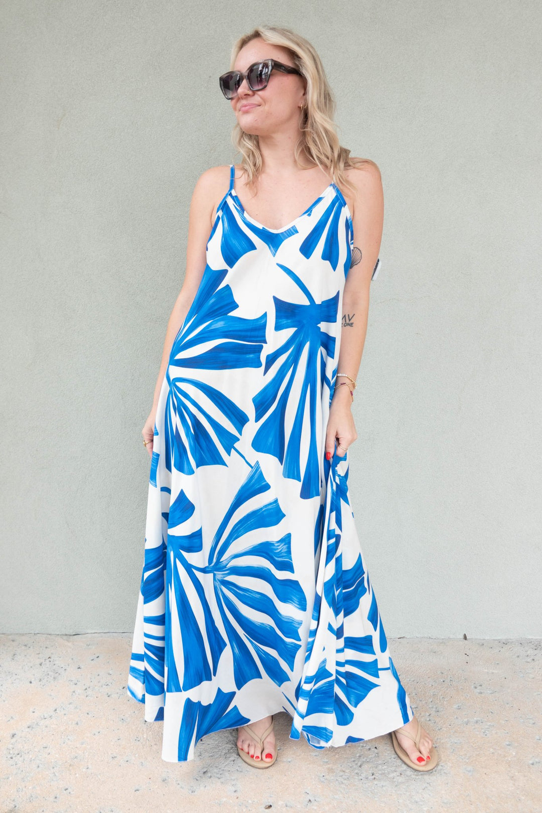 Abstract Leaf Midi Slip Dress - Cobalt Blue - Jaffi's