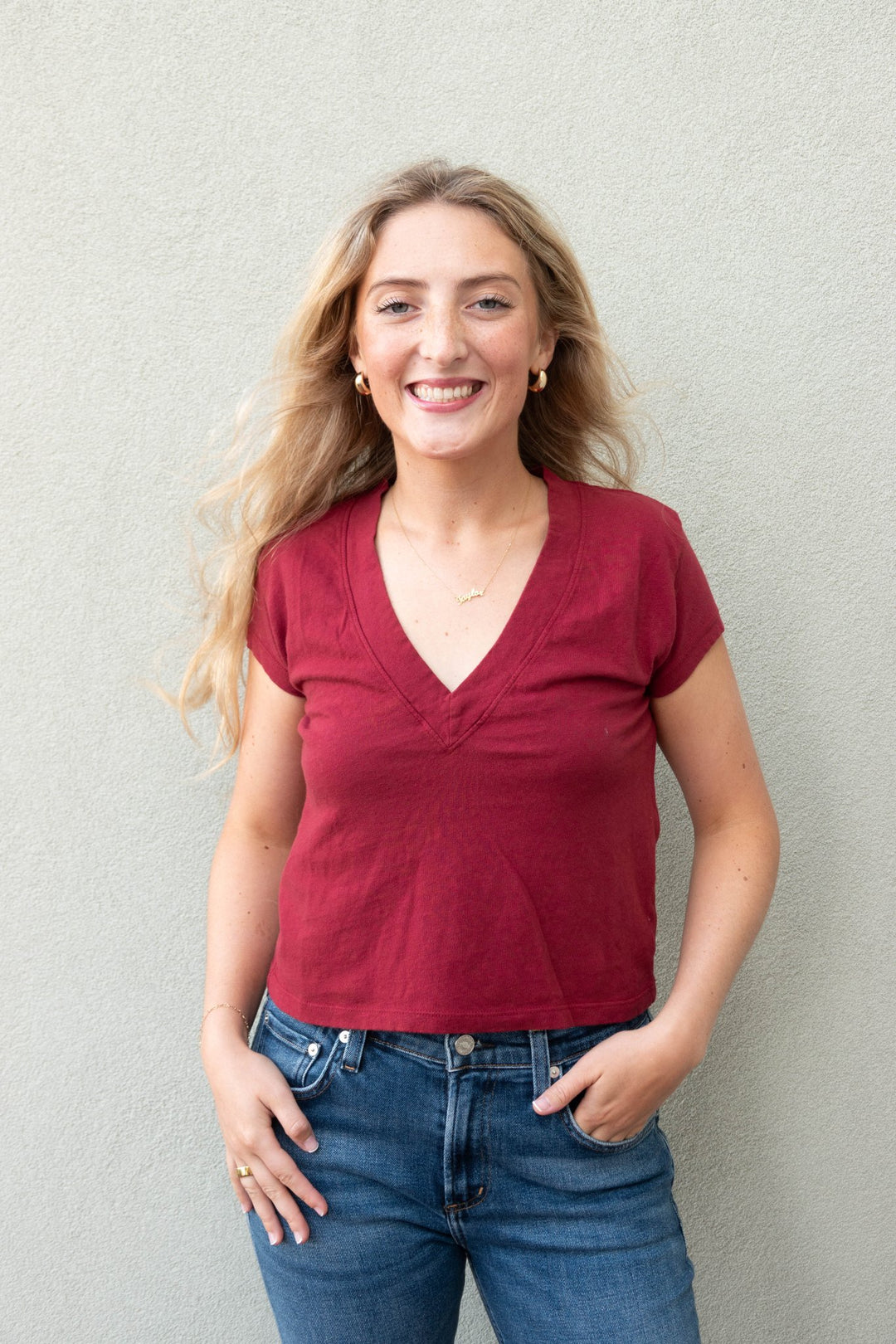 Alanis V Neck Tee - Ruby Red - Jaffi&