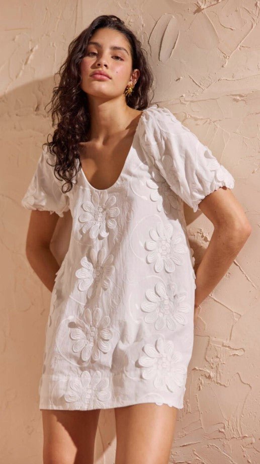 Alessia Smock Mini Dress - White Floral Applique - Jaffi's