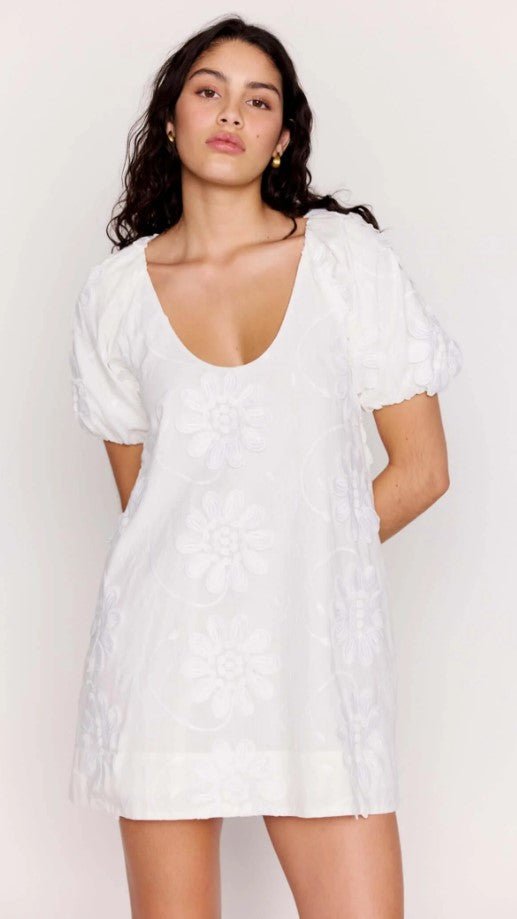 Alessia Smock Mini Dress - White Floral Applique - Jaffi's