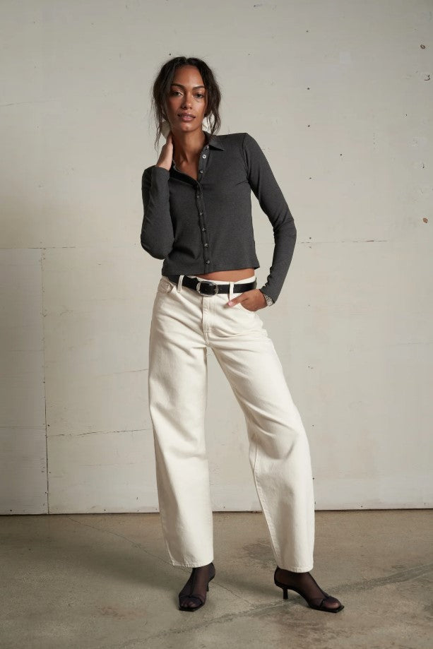 Amee Luxe Rib Button Up Polo - Charcoal