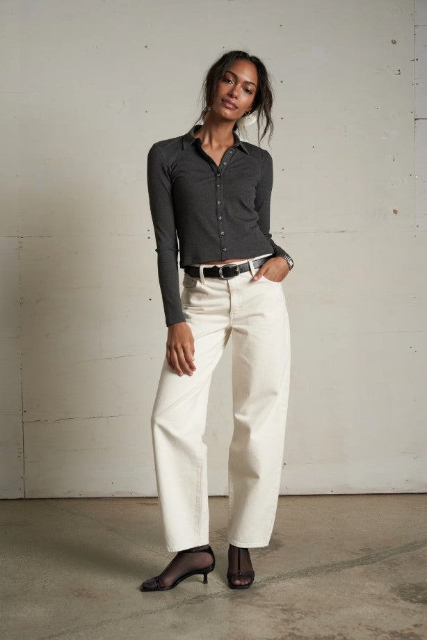 Amee Luxe Rib Button Up Polo - Charcoal