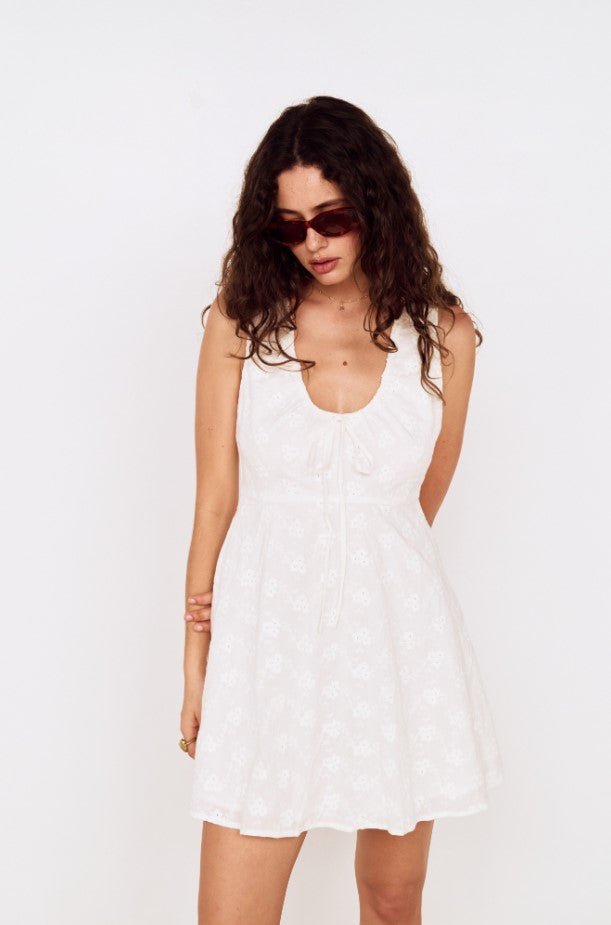 Anisa Embroidered Mini Dress - White Flower Embroidery - Jaffi's