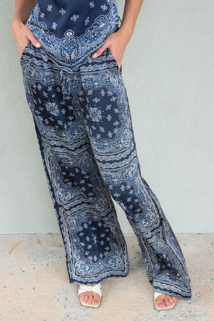 Bandana Print Wide Leg Pant - Navy - Jaffi's