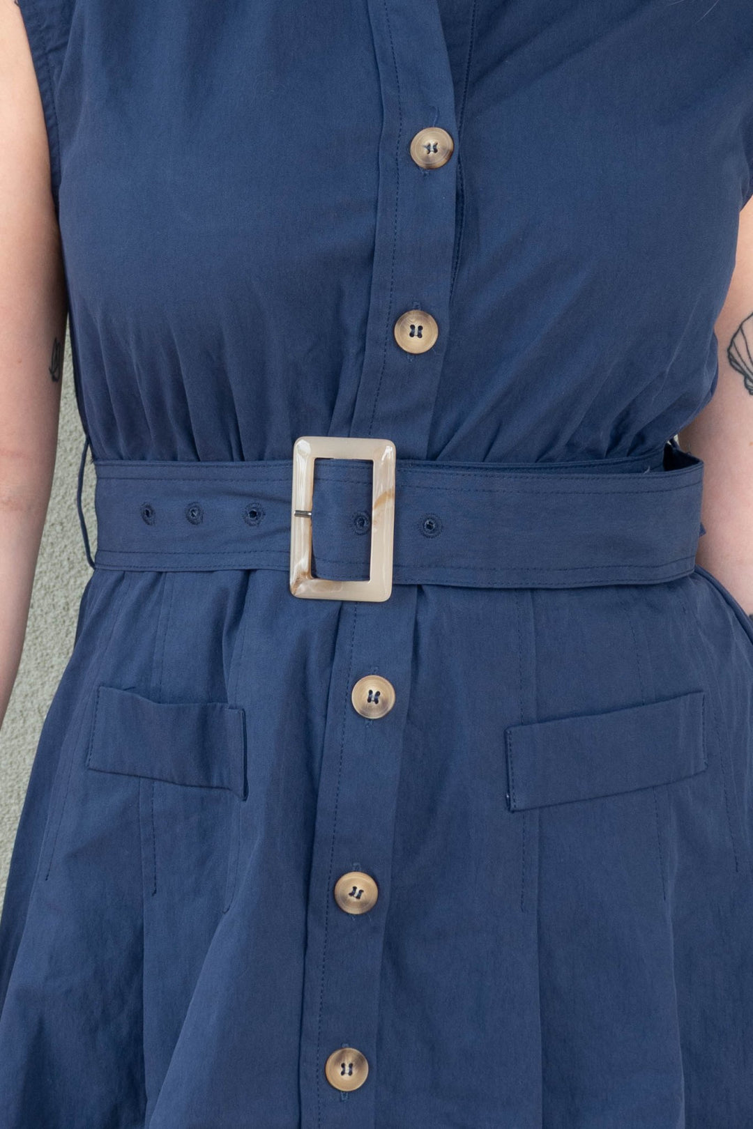 Belted Sleeveless Short Dress - Navy - Jaffi&