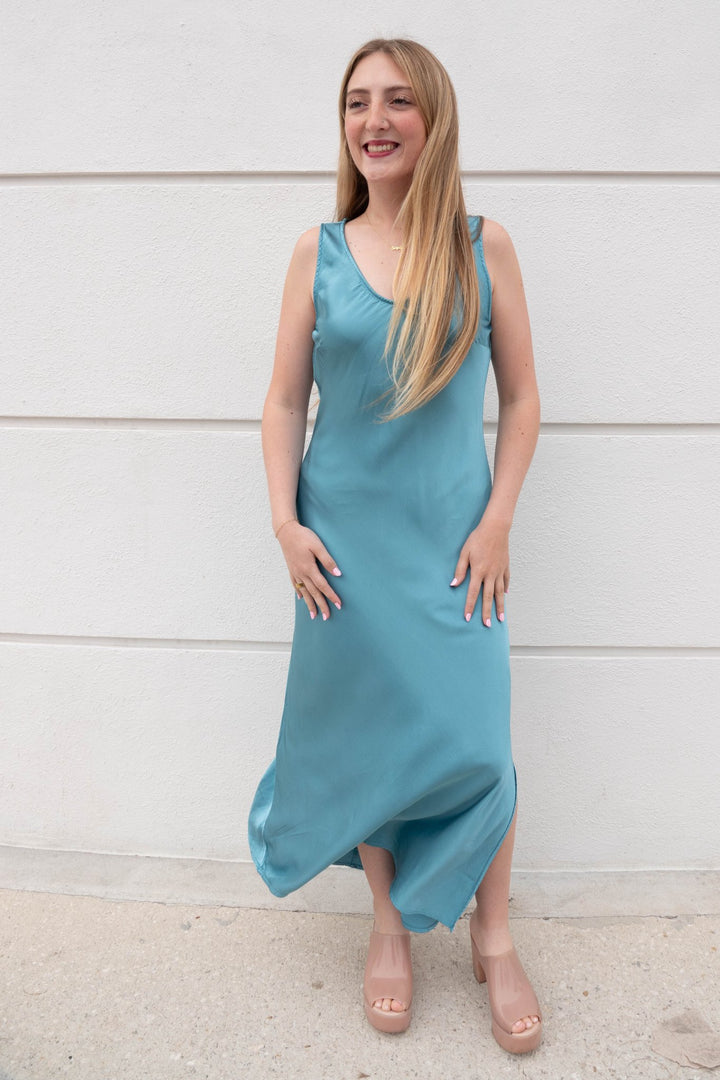 Betsey Slit Satin Dress - Vintage Mist - Jaffi's