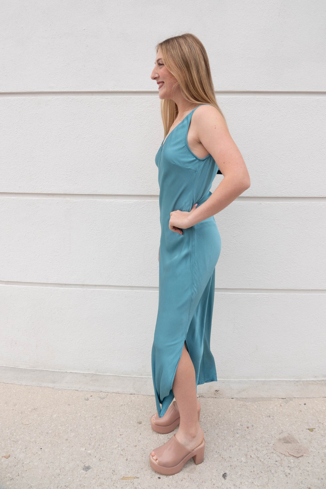 Betsey Slit Satin Dress - Vintage Mist - Jaffi's