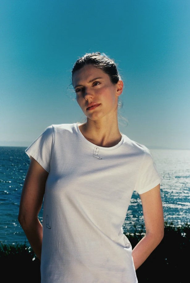 Embroidered Boot Tee - White