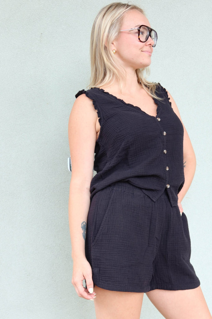 Breanna Gauze Tank - Black - Jaffi's
