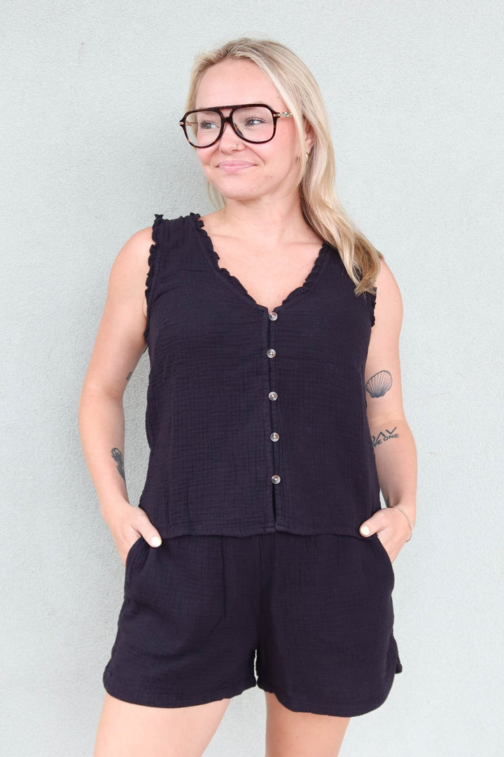 Breanna Gauze Tank - Black - Jaffi's