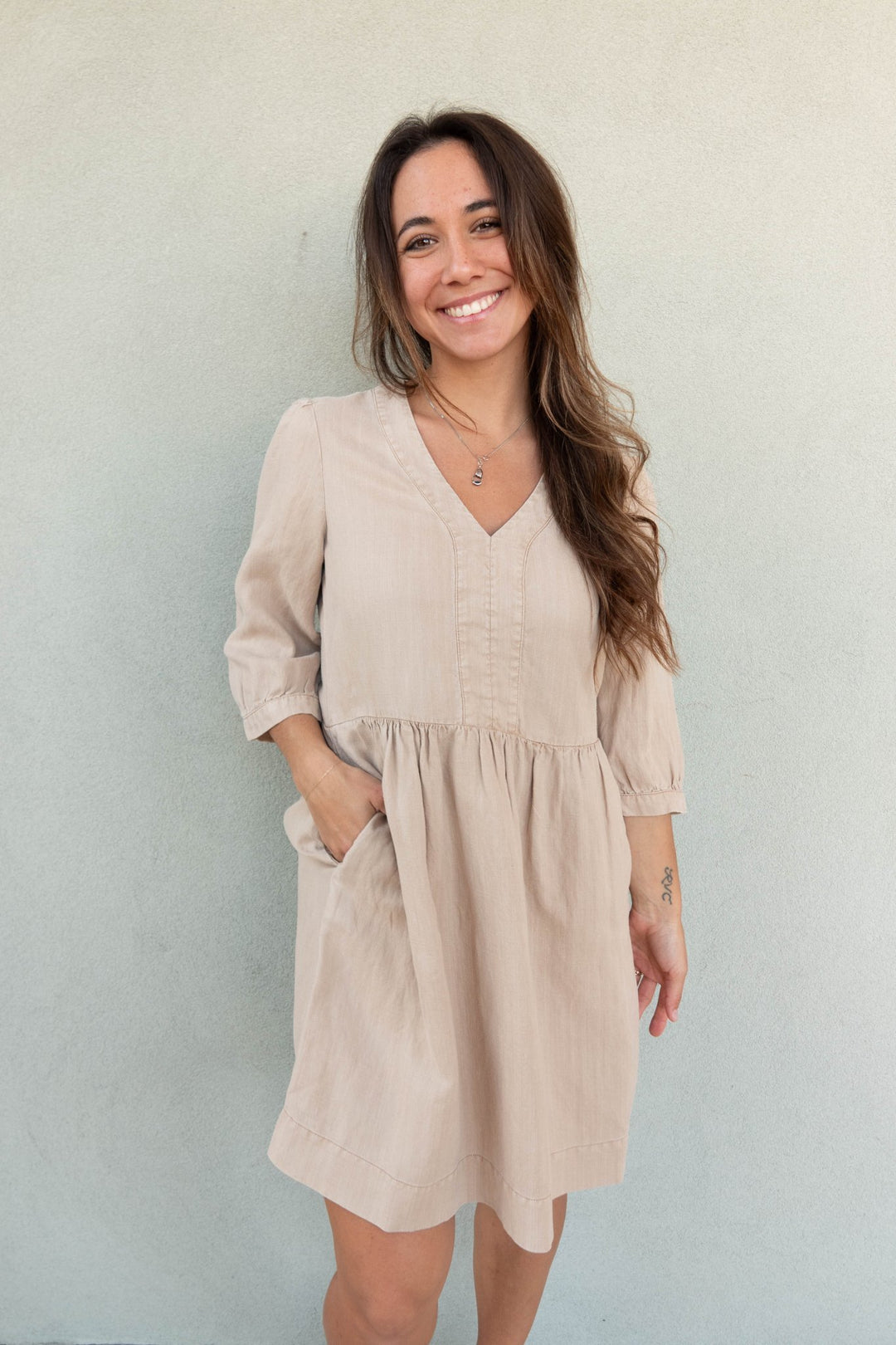 Brielle 3/4 Sleeve Mini Dress - Macadamia - Jaffi's