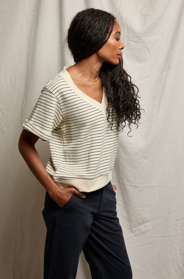 Briggs Stripe V Neck - Natural/Charcoal - Jaffi's