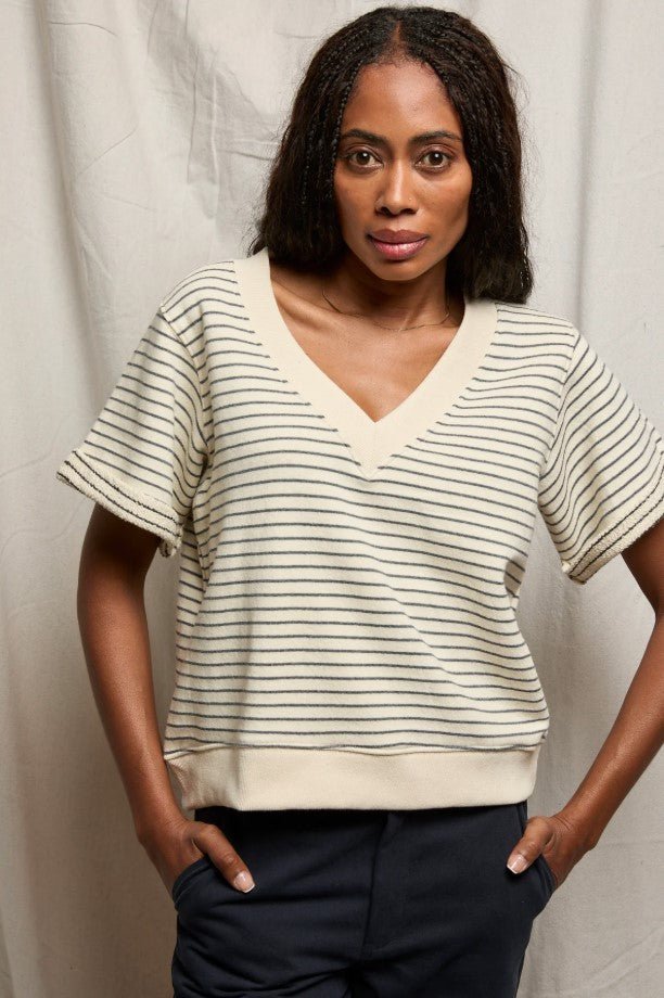 Briggs Stripe V Neck - Natural/Charcoal - Jaffi's
