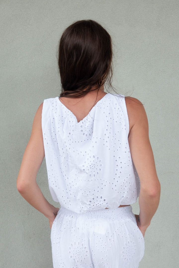Bubble Hem Eyelet Top - White - Jaffi's