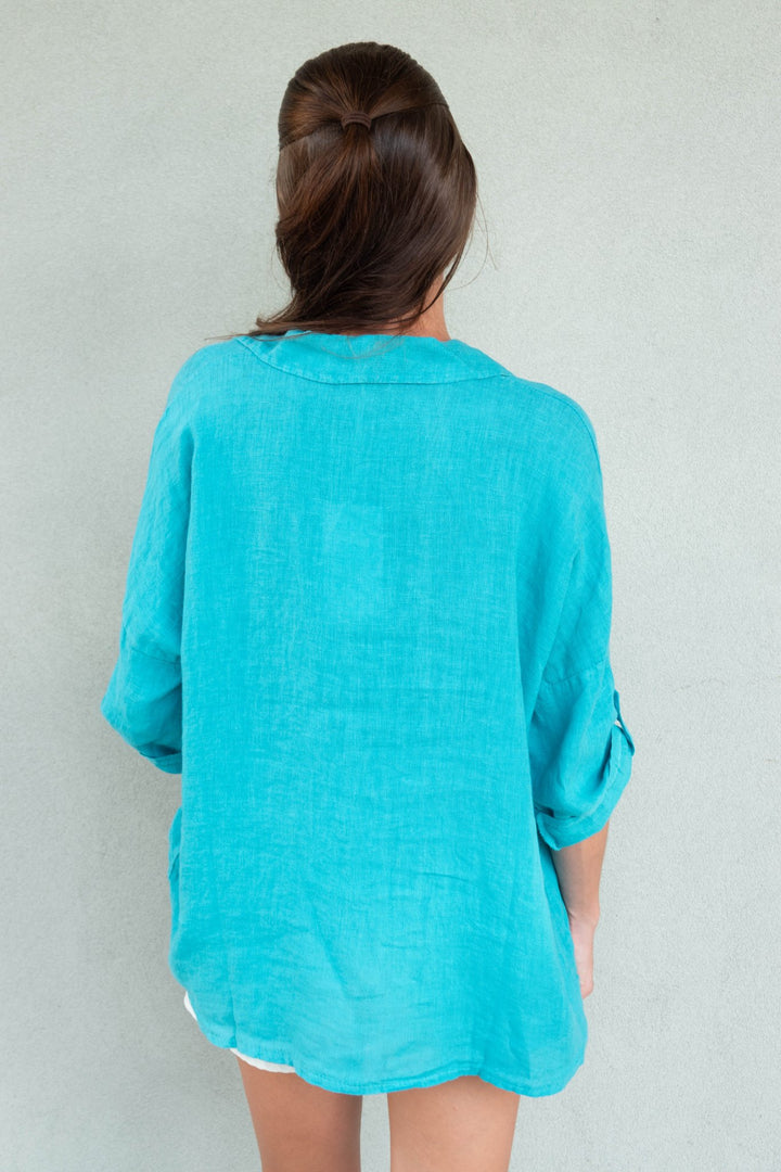 Button Down Roll Tab Linen Top - Capri - Jaffi&
