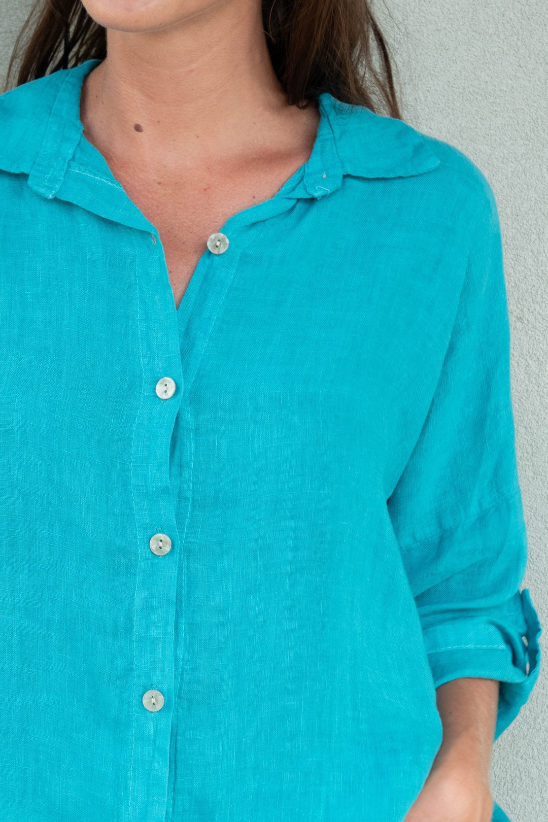 Button Down Roll Tab Linen Top - Capri - Jaffi&