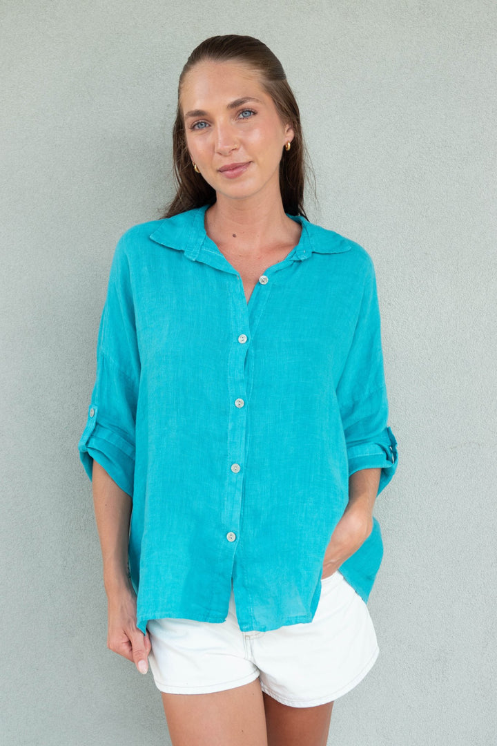 Button Down Roll Tab Linen Top - Capri - Jaffi&
