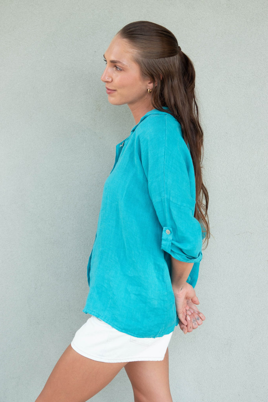 Button Down Roll Tab Linen Top - Capri - Jaffi&