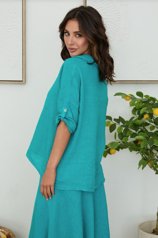 Button Down Roll Tab Linen Top - Capri