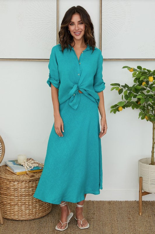 Button Down Roll Tab Linen Top - Capri