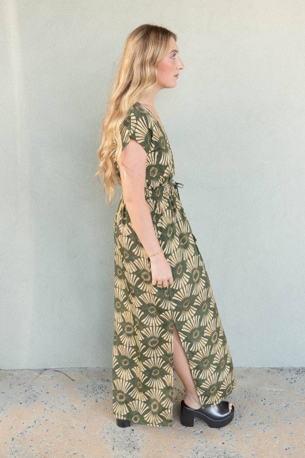 Cap Sleeve Maxi Dress - Green Print - Jaffi's