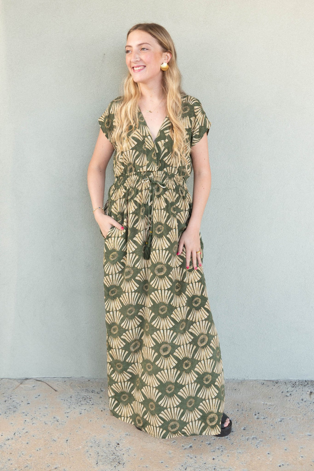 Cap Sleeve Maxi Dress - Green Print - Jaffi's