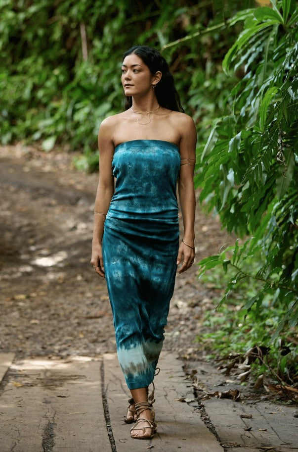 Carla Strapless Midi Dress - Turquoise Terra Wash